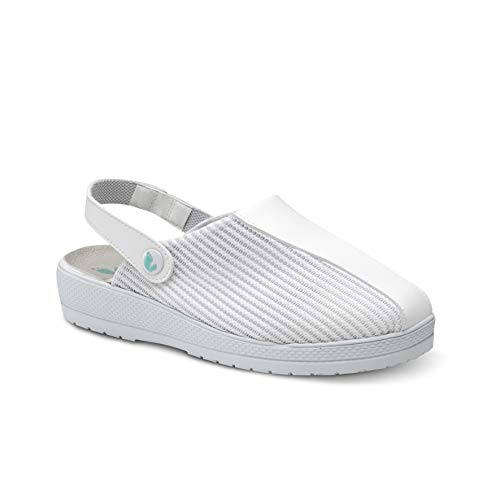 Feliz Caminar/Zuecos Sanitarios Marin (Naturfly) / Correa Unisex Antideslizantes Cómodos Hombre y Mujer. Zapatillas de Estar por Casa/Blanco 38