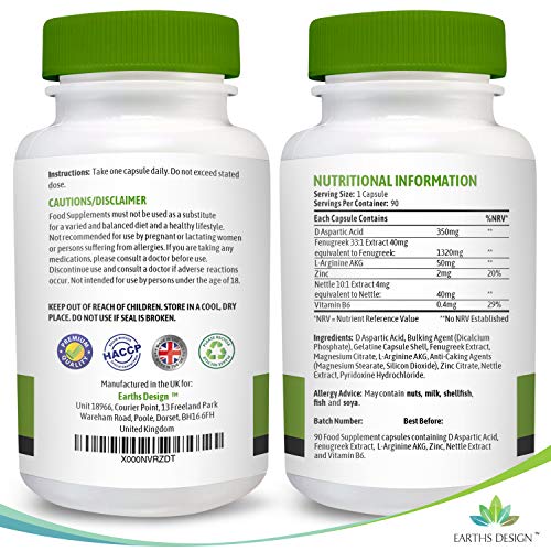 Fenogreco - Complejo con Magnesio - Zinc - L Arginina - 1320 mg - Sin Gluten, 90 Cápsulas (Suministro Para 3 Meses) de Earths Design