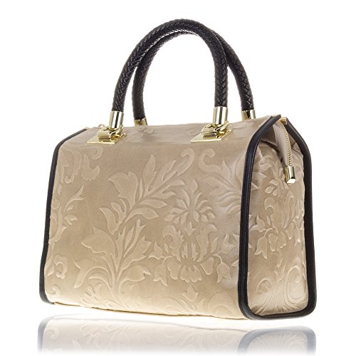 Firenze Artegiani Bolso de Hombro para Mujer en Piel auténtica, Grabado arabescos, asa Cuero Trenzado, 31 cm, Taupe