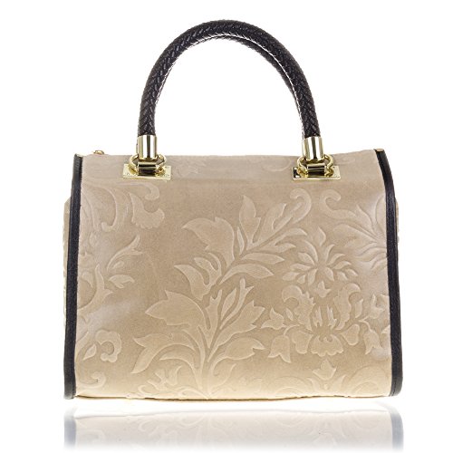 Firenze Artegiani Bolso de Hombro para Mujer en Piel auténtica, Grabado arabescos, asa Cuero Trenzado, 31 cm, Taupe