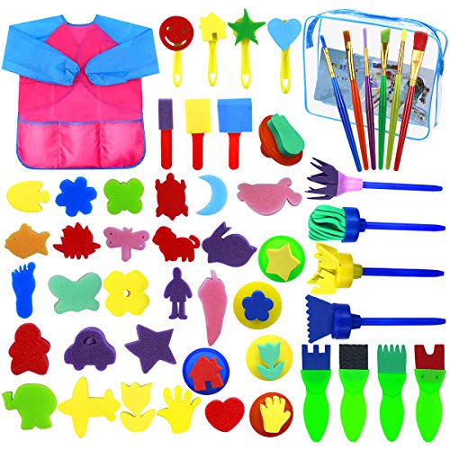 Fodlon Juego de Pinceles de Pintura de Esponja, 52 Piezas Kits de Pintura para niños Kits de Pinceles de Espuma Delantal Impermeable para niños Niños Aprendizaje temprano Arte DIY Arte