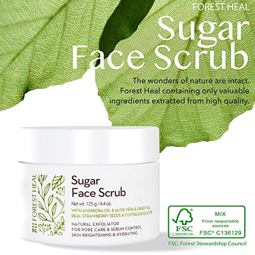 [Forest Heal] Azúcar Exfoliante Facial con Andiroba Petróleo y Real Fresa Semillas, Exfoliante Natural para los Poros Cuidado y Control de Sebo, Brillo a la Piel e Hidratante (100 ml / 3,38 fl.oz./)