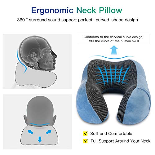 FYLINA Almohada de Viaje Viscoelástica de Espuma de Memoria, Cervical Orthopedic Pillow Almohada de Cuello para el Tren de avión Viajes con máscara de Ojos, Tapones y Bolsa de Transporte (Azul Claro)