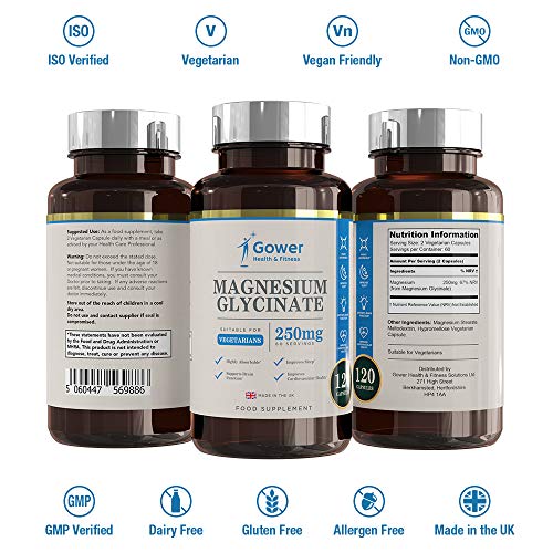 GH Glicinato de Magnesio 250mg Suplemento | 120 Pure Capsulas para Veganas | Magnesium Glycinate Altamente | Ideal para el Cansacio y Calambres Musculares | Con Instalaciones y Licencia ISO | Sin OGM