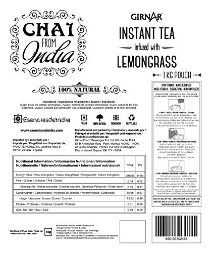 GIRNAR - CHAI DE LA INDIA CON LEMONGRASS 100% NATURAL, SIN LECHE - Bolsa de 1Kg a granel, Té Instantáneo con Especias de la India.