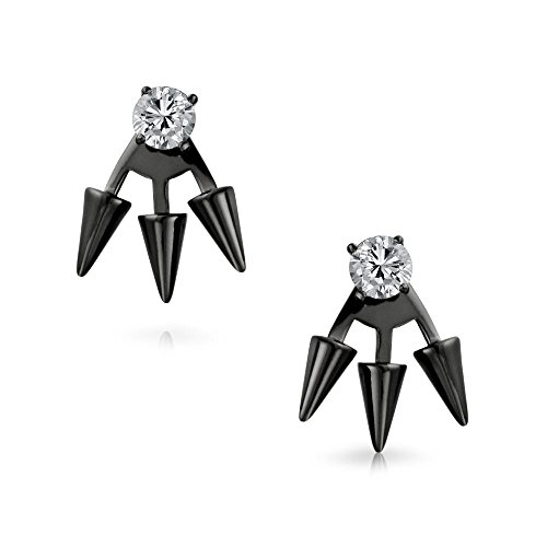 Goth Triple Spike punto flecha cúbica Zirconia chaqueta pendientes para mujeres negro plateado 925 plata de ley