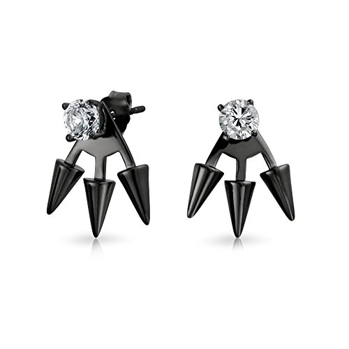 Goth Triple Spike punto flecha cúbica Zirconia chaqueta pendientes para mujeres negro plateado 925 plata de ley