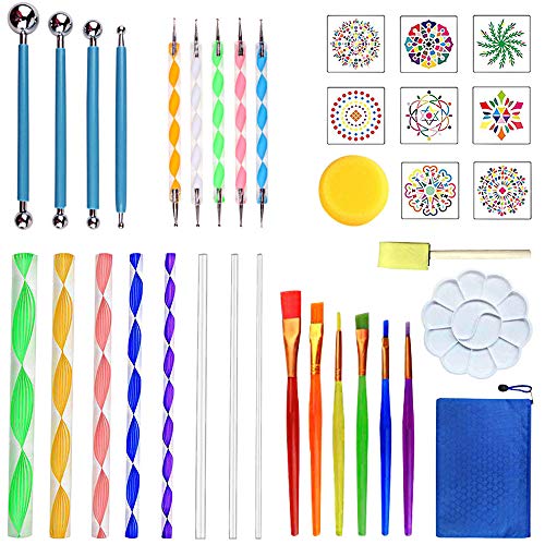 Gresunny35 piezas herramientas para pintar mandalas mandala dotting tools con plantillas, varillas acrílico, bandeja de pintura, herramientas de puntos para pintura rupestre colorantes arte de uñas