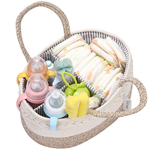 Hinwo Baby Diaper Caddy 3-Compartimento Recipiente para bebés Tote Bin almacenamiento Organizador portátil automóvil Recién nacido Cesta regalo Cuerda algodón divisor desmontable pañales y toallitas