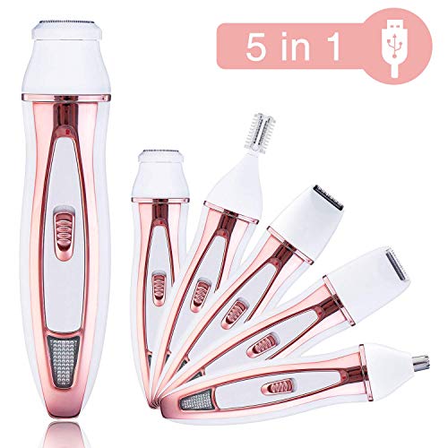 HOCOSY Depiladora Mujer Electrica con Tecnologia Wet & Dry, Carga USB, 5 en 1 Maquina Depilar, Adecuado para Recortar el Pelo de La Nariz, Patillas, Cejas, Barbas, Vello de Las Axilas