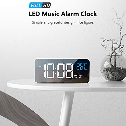 IKEAN Reloj Despertador Espejo Digital Pantalla LED HD Reloj eléctrico Carga USB Snooze Luz Nocturna LED Humedad Música Niños Viajes Relojes despertadores de cabecera(White)