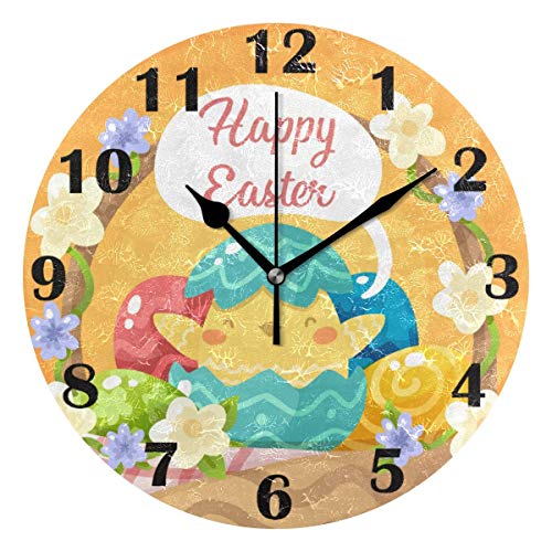 Jacque Dusk Reloj de Pared Moderno,Feliz Pascua Pollito Huevo Flores Conejito,Grandes Decorativos Silencioso Reloj de Cuarzo de Redondo No-Ticking para Sala de Estar,25cm diámetro