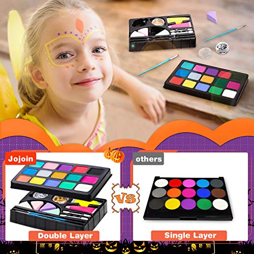 Jojoin Pinturas Cara, Pinturas Corporales y Cara, Pintura Facial Seguro y Saludable para Halloween/Fiestas/Cosplay/Santa, con 17 Colores +24 Moldes + 2Cepillos ect....