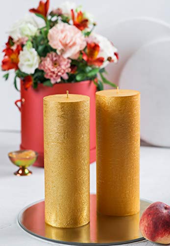 Juego de 2 velas de pilar metálico dorado de 7 x 20 cm, sin aroma, para bodas, decoración del hogar, relajación, spa, mecha de algodón sin humo