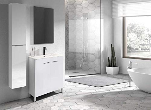 Juego de Mueble de Baño Modelo ESPACE, Conjunto formado por Mueble de Baño Dos Puertas Lacado en Color Ceniza, Medidas (60x45x80), Lavabo Encimera y Espejo. Compacto no precisa montaje