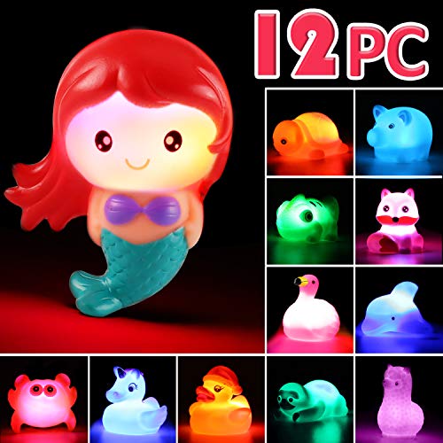 Juguete de Baño Laxdacee, Pack de 12 Animales con Luz, Juguetes de Goma para el Baño con Parpadeo Automático, Juego de Baño y Ducha y de Fiesta en la Piscina, Juguete de Agua para Niños Niñas y Bebés