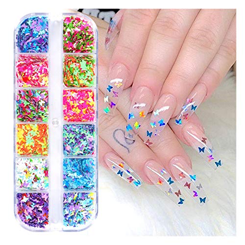 Kalolary 12 Colores Mariposa Lentejuelas Uñas Decoración Purpurinas Confeti Uñas Nail Art Glitter Brillos para Manicura y Diseños de Uñas (C)