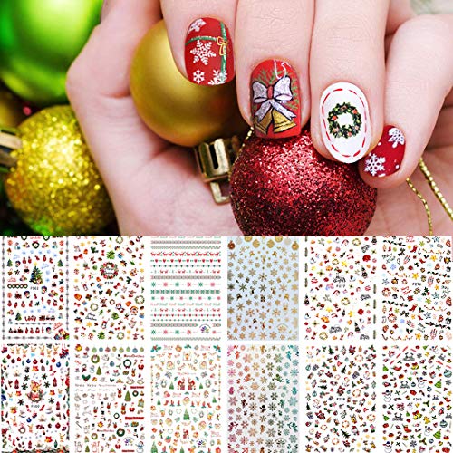 Kalolary 12 Diseños De Pegatinas De Transferencia De Agua Nail Art Christmas Nail Stickers Deer Gift Snowflakes Image Winter Decorations