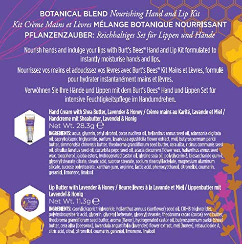 Kit para manos y labios de 2 artículos con mezcla botánica nutritiva Burt's Bees con lavanda y miel con 1 crema de manos con lavanda y miel (28,3 g) y 1 manteca labial con lavanda y miel (11,3 g)