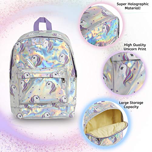 KreativeKraft Mochilas Escolares de Unicornios para Niñas, Bolso Niña con Diseño Holografico, Mochila Infantil Plateada para Colegio Viajes, Regalos para Niñas y Adolescentes