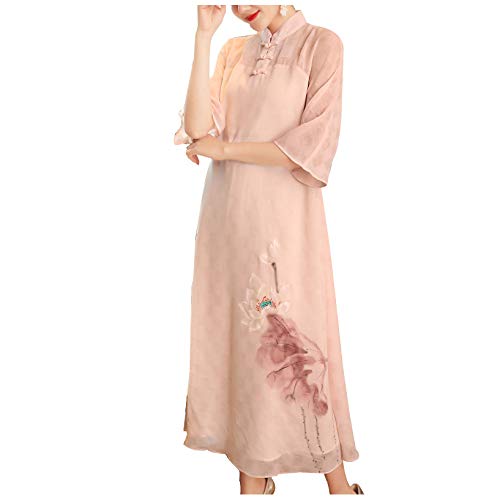 KTYX Vestido, Vestido Cheongsam, Estilo Chino, de Longitud Media, Primavera y otoño, con una pequeña Fragancia, Vestido de Malla con Cuello Alto para Mujer,Rosado,M