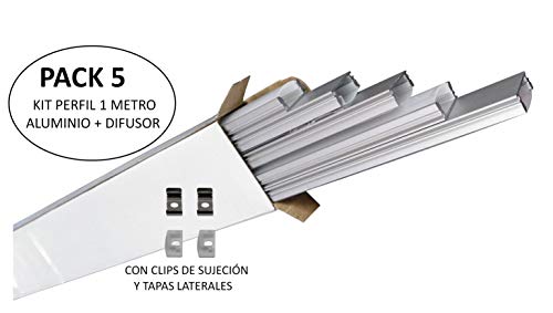 (LA) 4x Perfil de Aluminio para Tira LED con Cubierta Blanca Lechosa. Los tapones de los extremos y los clips de montaje de metal están incluidos en el Pack. (PACK X4)