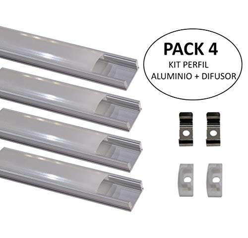 (LA) 4x Perfil de Aluminio para Tira LED con Cubierta Blanca Lechosa. Los tapones de los extremos y los clips de montaje de metal están incluidos en el Pack. (PACK X4)