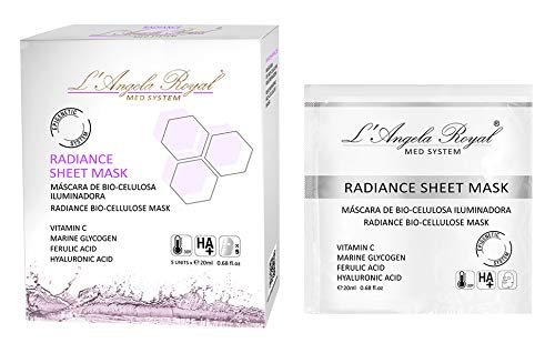 L'Angela Royal Mascarilla Iluminadora Radiance Sheet Mask, Mascarilla Facial BIO-Celulosa, Vitamina C, Ácido Hialurónico, Retrasa la Formación de las Arrugas para la cara, 5uds.