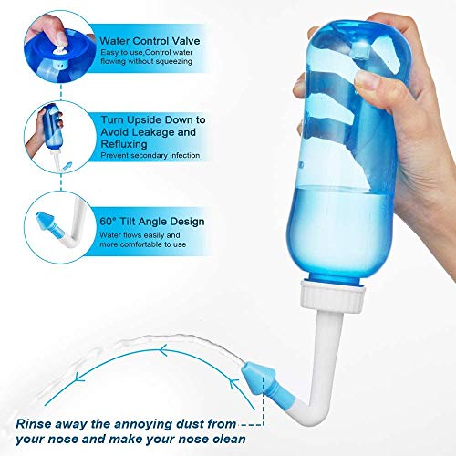 Lavado Nasal Limpiador Nasal - 300ml lavado nasal botella con 80 paquetes de sal, Lavado Nasal Irrigación Nasal Aspirador de Nariz Enjuague Nasal Neti Pot Para Adultos & Niños