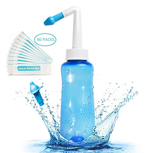 Lavado Nasal Limpiador Nasal - 300ml lavado nasal botella con 80 paquetes de sal, Lavado Nasal Irrigación Nasal Aspirador de Nariz Enjuague Nasal Neti Pot Para Adultos & Niños