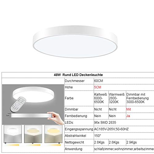 LED Lámpara de Techo 48W Plafón Led de Techo 3840Lúmenes Regulable 3000-6000K Φ60cm Redonda Moderna Cocina Balcón Pasillo Baño Iluminación Interior