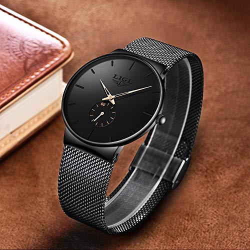 LIGE Relojes para Hombres Acero Inoxidable Impermeable Reloj Analógico de Cuarzo Cronógrafo Banda de Malla Milanesa Esfera Negra Fecha Moda Casual Relojes de Pulsera