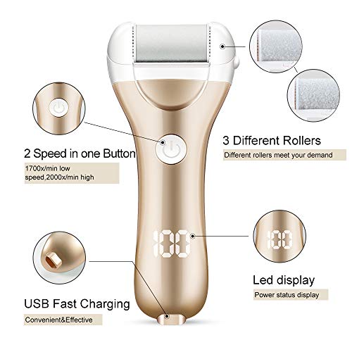 Lima para pies eléctrica, removedor de piel dura recargable por USB, callos para pedicura de pies con 3 rodillos y 2 velocidades, y 1 cepillo de limpieza (Oro)