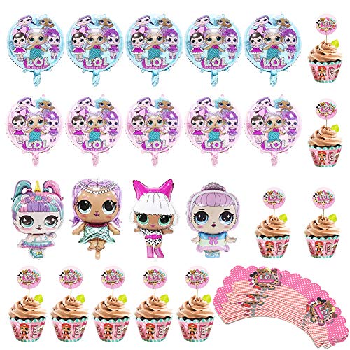 LOL Cake Topper, Borde de la torta,LOL Party's Helium Balloons(48 Piezas) LOL Happy Birthday Party Supplies Cupcake Topper,Birthday Doll Globos Decoraciones para Children