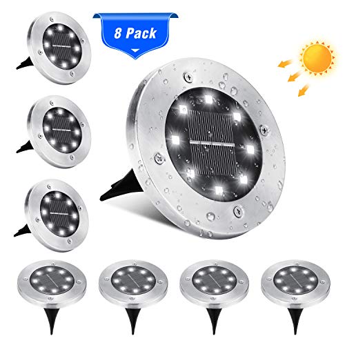 Luces Solares Exterior Jardin, BrizLabs 8 LED Luces de Tierra Solares Luz Solar Suelo Blanco Frío IP65 Impermeable Lamparas Solares Iluminacion para Terraza Camino Césped Patio, 8 Paquetes