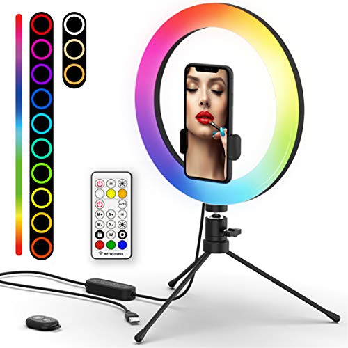 Luz de Anillo LED 10" con Trípode, Boaraino RGB Anillo de Luz con Soporte de Móvil y Control Remoto Bluetooth, Aro de Luz con 7 26 RGB Colores Regulable, 9 Niveles de Brillo y 3 Modos de Luz