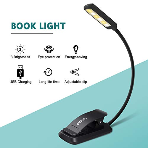 Luz de Lectura OMERIL Luz de Libro Recargable, 6 LED con 3 Modos de Brillo (Luz Cálido y Blanco), 360 ° Flexible Lampara de Lectura Pinza para Lectores Noche, E-Reader, Estudio, Cama, Tablet