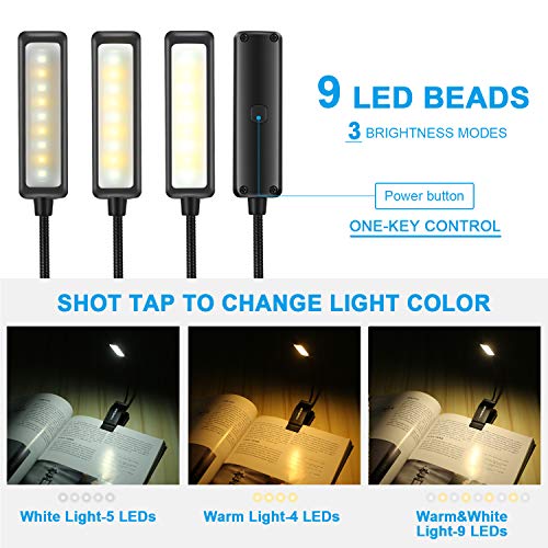 Luz de Lectura Recargable, YINSAN Lampara Libro, 9 LED con 9 Modos de Luz - 360 ° Flexible Lampara de Lectura Pinza para Lectores Noche, E-Reader, Estudio, Cama, Tablet |Negro