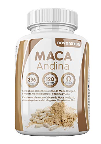 Maca andina negra con Omega 3, L-Arginina Alfa-cetoglutarato, Vitaminas y Zinc. Única Maca con Omega 3 del mercado. NOVONATUR. (120)