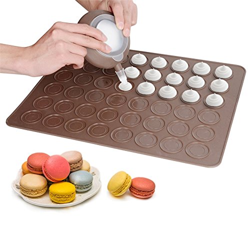 Macaron Molde - 48 Capacidad Macaron Silicone Baking Mat y decorating Pen Icing Tips con 4 boquillas (Café+Cepillo)