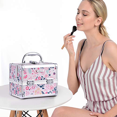 Maletín para Maquillaje Vacío Profesional con Espejo luz Impermeable Caja Neceser Maleta Estuche Organizador de Viaje Cosméticos con Cerradura y Llave 19.5x15x16cm, Flores Rosa