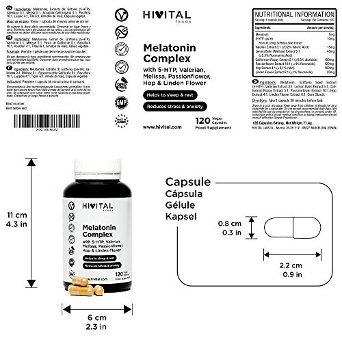 Melatonina Complex | 120 cápsulas veganas para 4 meses | Con 5-HTP, Valeriana, Melisa, Pasiflora, Amapola Californiana, Lúpulo y Tila | Mejora el sueño y el descanso, y reduce la ansiedad y el estrés