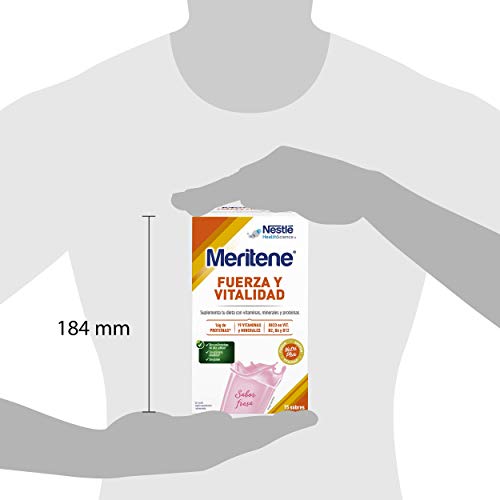 Meritene® FUERZA Y VITALIDAD - Suplementa tu nutrición y mantén tu sistema inmune con vitaminas, minerales y proteínas - Batido de Fresa - Estuche (15 sobres de 30g)