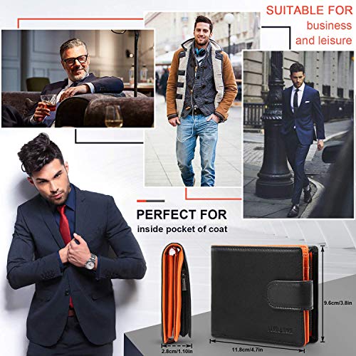 Mirakle Carteras Hombre, Billetera Bifold Hombres, Cartera Cuero Hombre, Billetera Hombre Grande, Billetera RFID con 14 Tarjetas, 2 Ranuras para Billetes, 1 Bolsillo con Cremallera - Negro Naranja