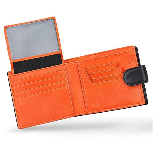 Mirakle Carteras Hombre, Billetera Bifold Hombres, Cartera Cuero Hombre, Billetera Hombre Grande, Billetera RFID con 14 Tarjetas, 2 Ranuras para Billetes, 1 Bolsillo con Cremallera - Negro Naranja