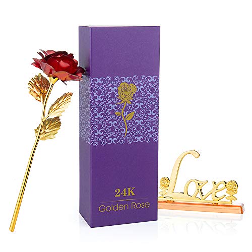 MOOKLIN ROAM Rosa, 24K Chapado en Oro Rosa Flores Artificiales con Caja de Regalo y Base, para San Valentín, Día de la Madre, Aniversario, Boda, Cumpleaños,decoración del hogar (Rojo)