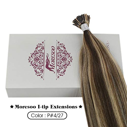 Moresoo Extensiones de Cabello Natural Queratina Pelo 100% Remy I-Tip Hair Extensions Real Human Hair Marrón Medio #4 con Caramelo Rubio #27 16Pulgadas/40cm 40g