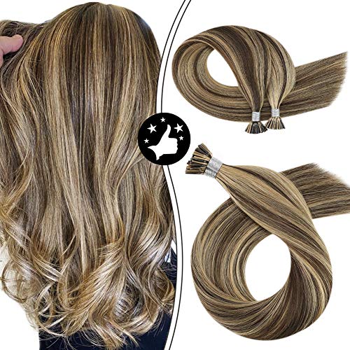 Moresoo Extensiones de Cabello Natural Queratina Pelo 100% Remy I-Tip Hair Extensions Real Human Hair Marrón Medio #4 con Caramelo Rubio #27 16Pulgadas/40cm 40g