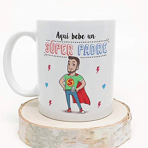 MUGFFINS Taza Papá - Aquí Bebe un Super Padre - Taza Desayuno/Idea Regalo Día del Padre. Cerámica 350 mL