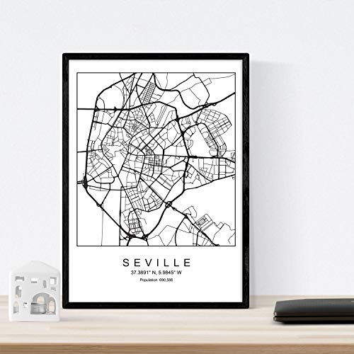 Nacnic Lámina Mapa de la Ciudad Sevilla Estilo nordico en Blanco y Negro. Poster tamaño A3 Sin Marco Impreso Papel 250 gr. Cuadros, láminas y Posters para Salon y Dormitorio